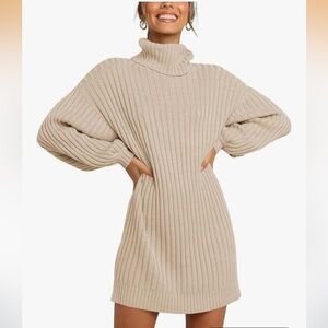 Beige Ribbed Turtleneck Sweater Dress